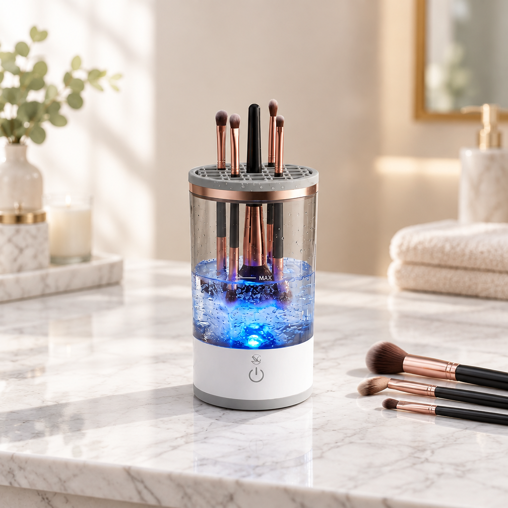 Nettoyeur automatique de pinceaux de maquillage sur une coiffeuse en marbre avec des pinceaux